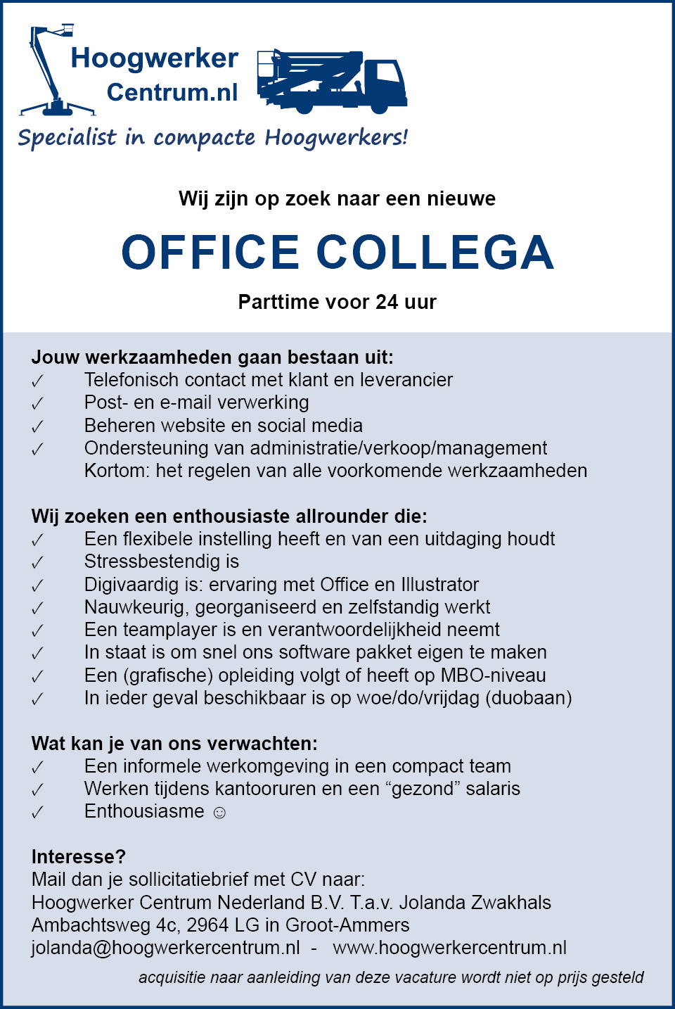 Vacature office medewerker collega hoogwerker centrum kantoor personeel